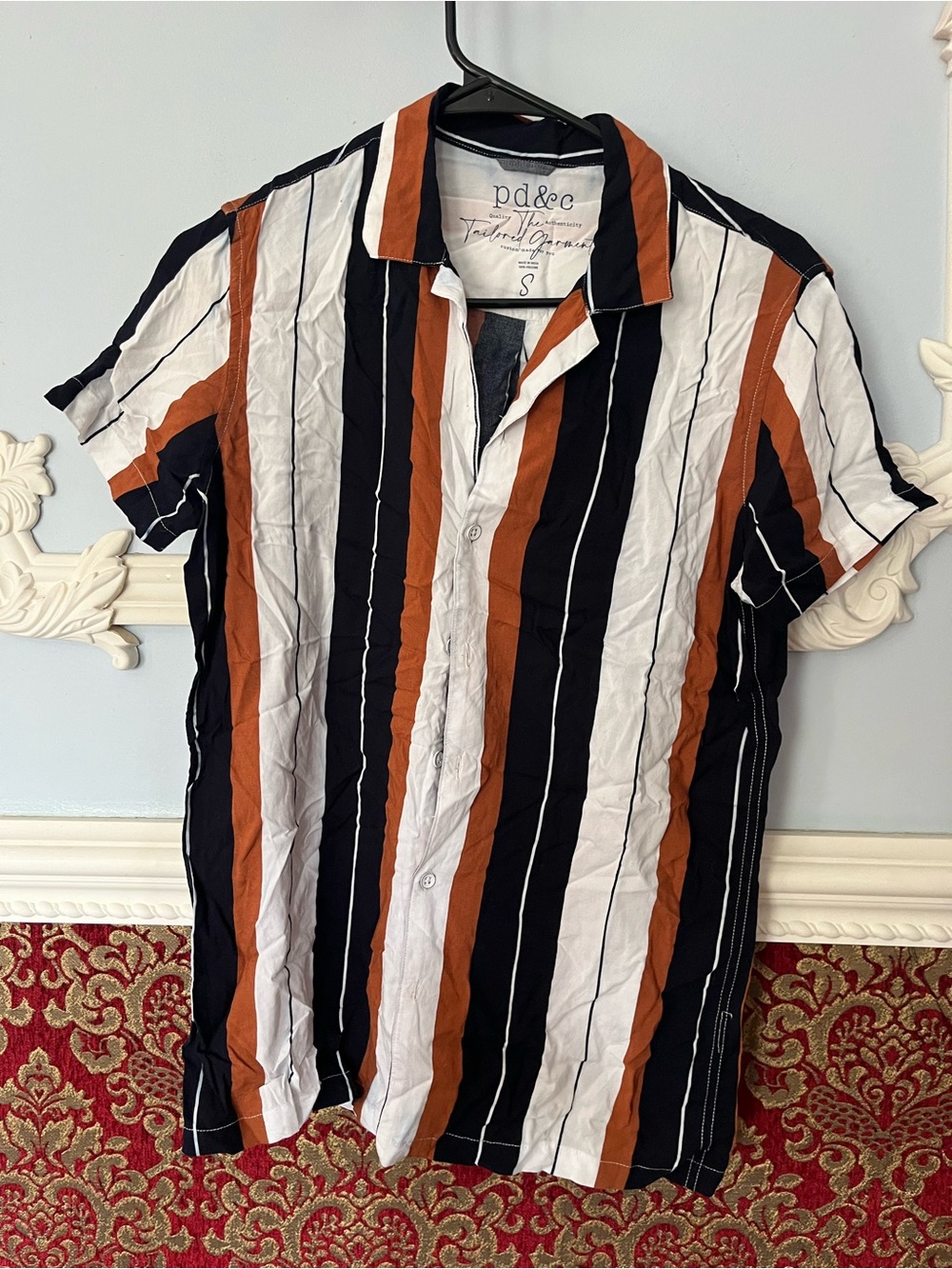 PD&C Men’s Short Sleeve Vertical Stripe Shirt - Black, White & Rust Orange